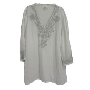 Charter Club Luxury Linen Tunic Top Womens Large White V-Neck Coastal Embroidery